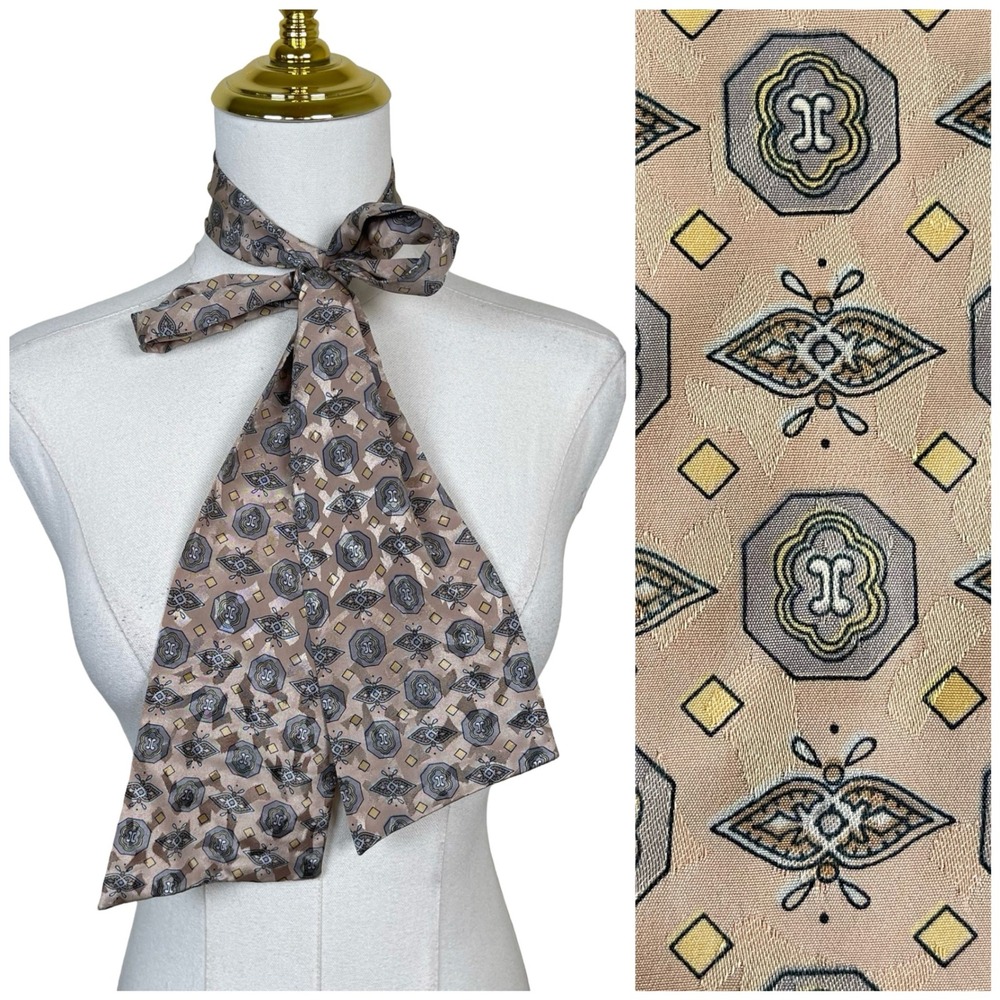 Vintage Geometric Print Neck Tie Scarf Women Tan Gray Mod MCM Retro 70s Boho